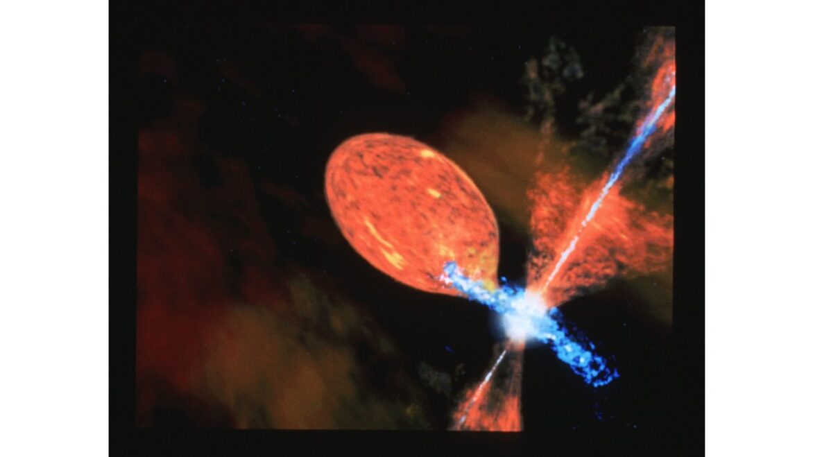 This illustration depicts one possible explanation for R Aquarii's semi-periodic outbursts. The peculiar behavior of R Aquarii suggests that the red giant star in the R Aquarii system may spill some of its mass onto the companion – a common mechanism proposed for most nova-like outbursts. The mass transfer process may form an accretion disk: a swirling, flattened vortex of hot gasses that spiral down onto the hot companion. The disk may periodically erupt when the companion becomes overloaded with in-falling material. These explosions may happen only periodically when the white dwarf orbits close enough to pull in material from the star's outer layer.