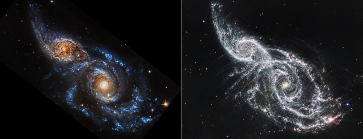 Hubble’s ultraviolet- and visible-light observation of spiral galaxies IC 2163 and NGC 2207, left, shows bright blue glowing arms and the galaxies’ cores in orange. In the James Webb Space Telescope’s mid-infrared observation, right, cold dust takes center stage, casting the galaxies’ arms in white